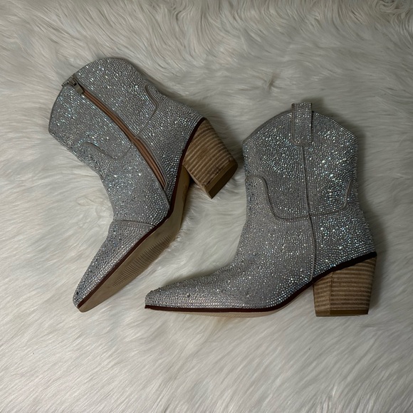 Shoes - Rhinestone Booties for Women, Sparkly Cowgirl Boots Pointed Toe Chunky Heel